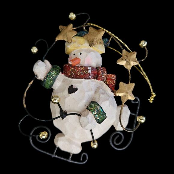 Vintage Snowman Christmas Ornament Glitter Stars Skates Wire Accents Holiday - Picture 1 of 2